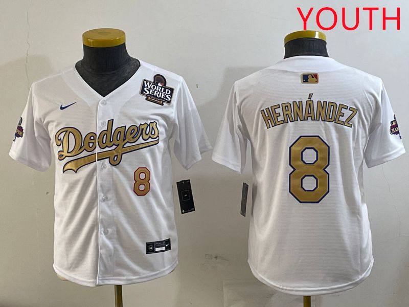 Youth Los Angeles Dodgers #8 Hernandez White Champion gold character 2025 Nike MLB Jersey style 3